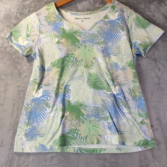 Rebecca Malone Womens Palm Print VNeck Top M Green Blue Tropical Casual Everyday - Picture 1 of 8
